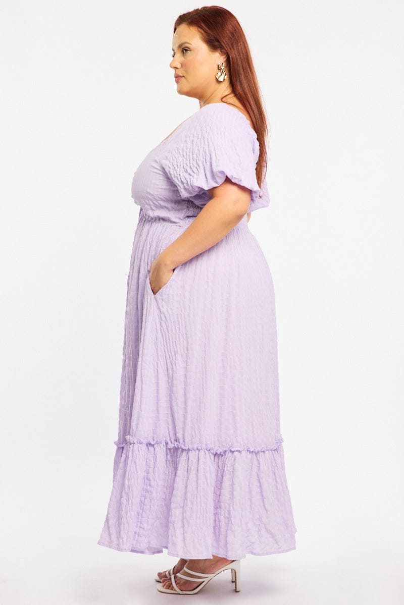 Purple Midi Dress Short Sleeve Ruched Bust Textured for YouandAll Fashion
