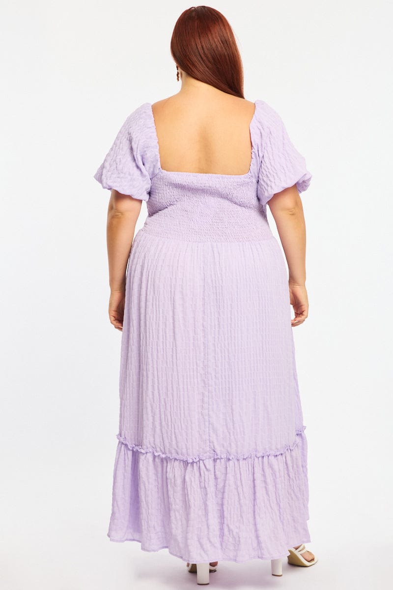 Purple Midi Dress Short Sleeve Ruched Bust Textured for YouandAll Fashion