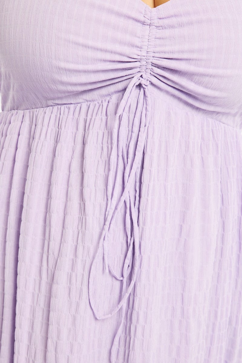 Purple Midi Dress Short Sleeve Ruched Bust Textured for YouandAll Fashion