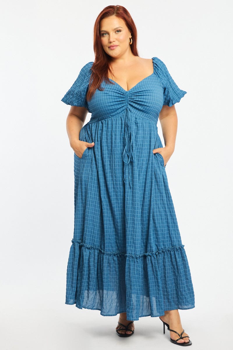 Blue Midi Dress Short Sleeve Ruched Bust Textured for YouandAll Fashion