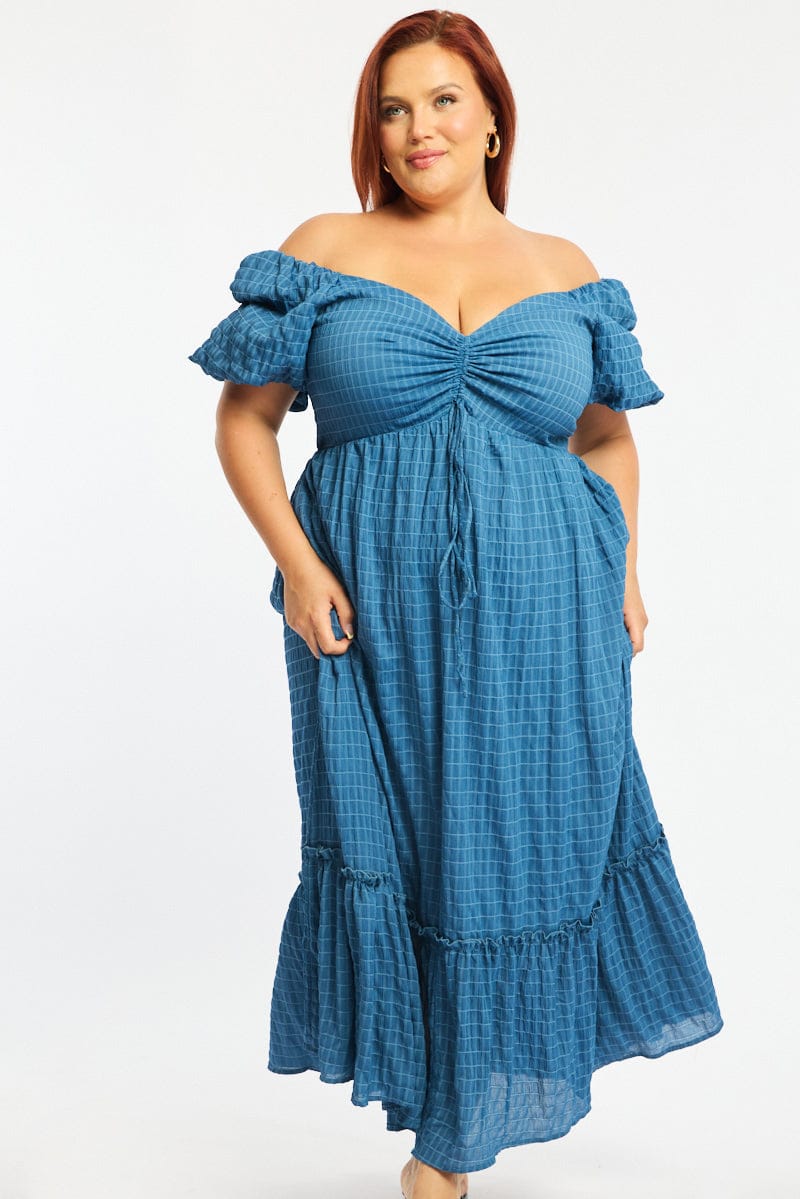 Blue Midi Dress Short Sleeve Ruched Bust Textured for YouandAll Fashion