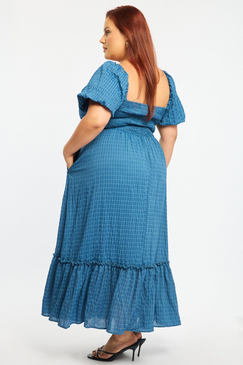 Blue Midi Dress Short Sleeve Ruched Bust Textured for YouandAll Fashion