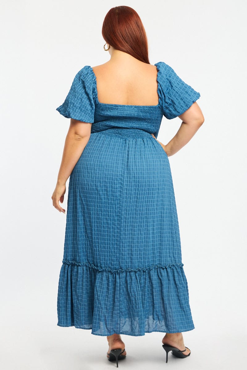 Blue Midi Dress Short Sleeve Ruched Bust Textured for YouandAll Fashion