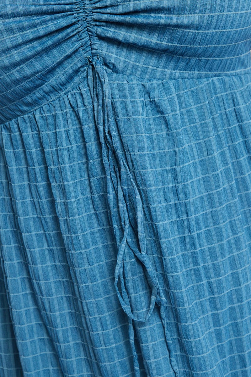 Blue Midi Dress Short Sleeve Ruched Bust Textured for YouandAll Fashion