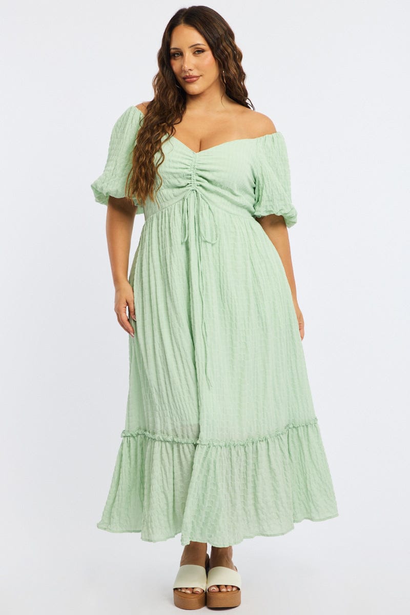 Green Midi Dress Short Sleeve Ruched Bust Textured for YouandAll Fashion