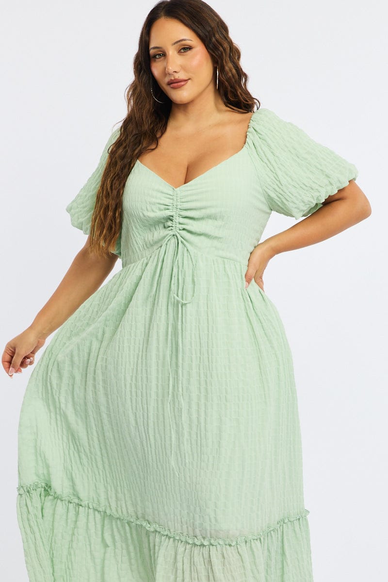 Green Midi Dress Short Sleeve Ruched Bust Textured for YouandAll Fashion