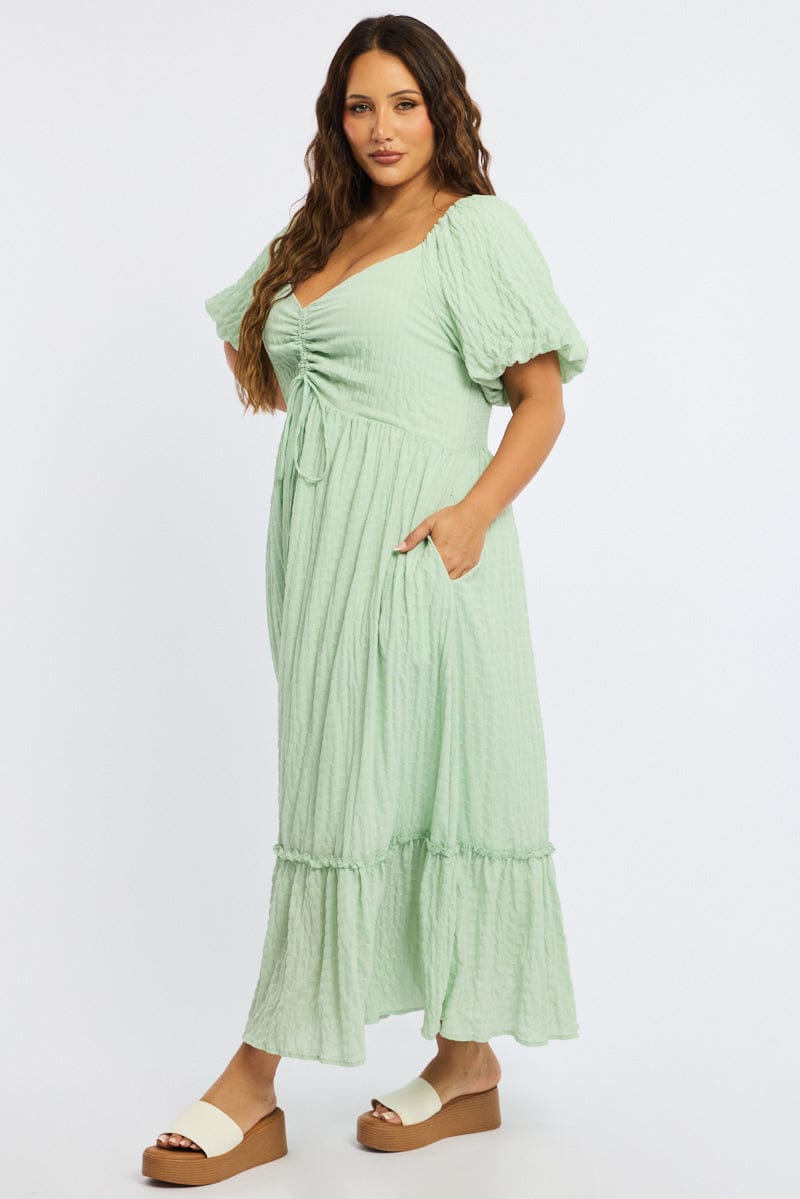 Green Midi Dress Short Sleeve Ruched Bust Textured | You & All Green Midi Dress Short Sleeve Ruched Bust Textured | You & All