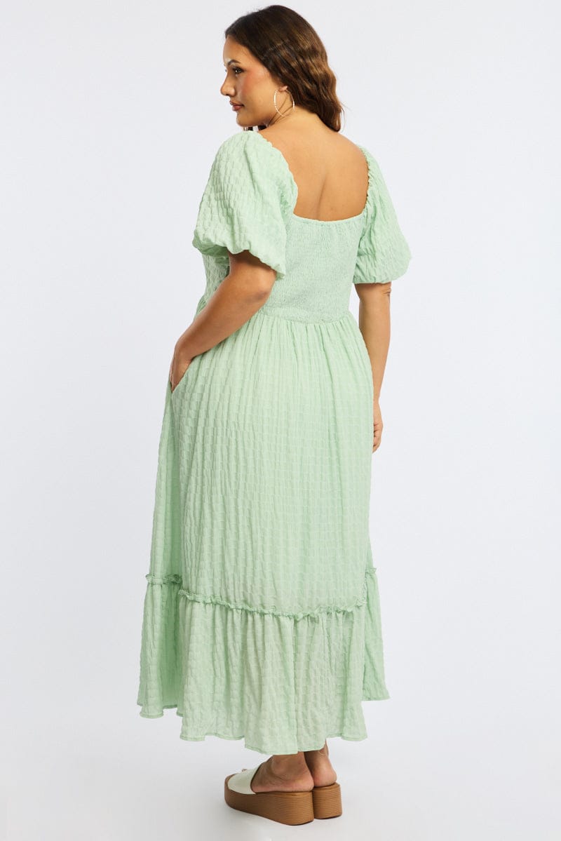 Green Midi Dress Short Sleeve Ruched Bust Textured for YouandAll Fashion