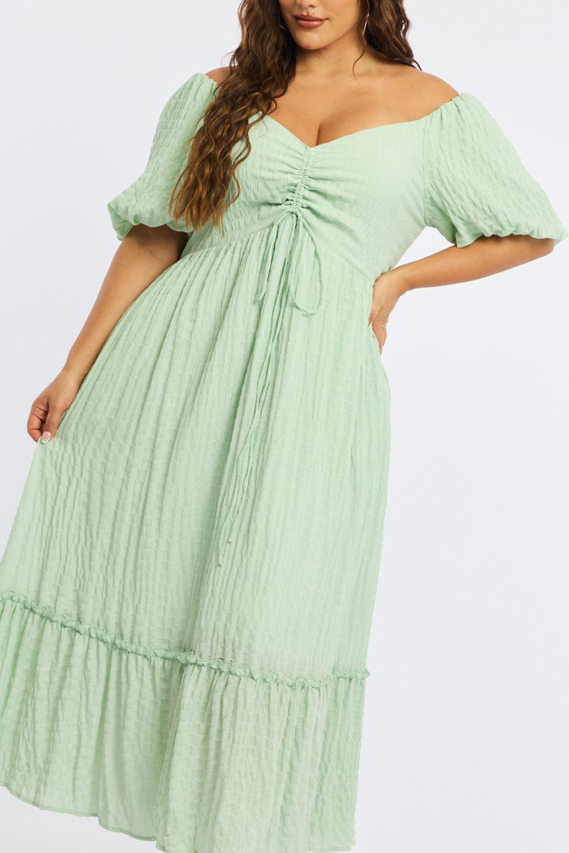 Green Midi Dress Short Sleeve Ruched Bust Textured for YouandAll Fashion