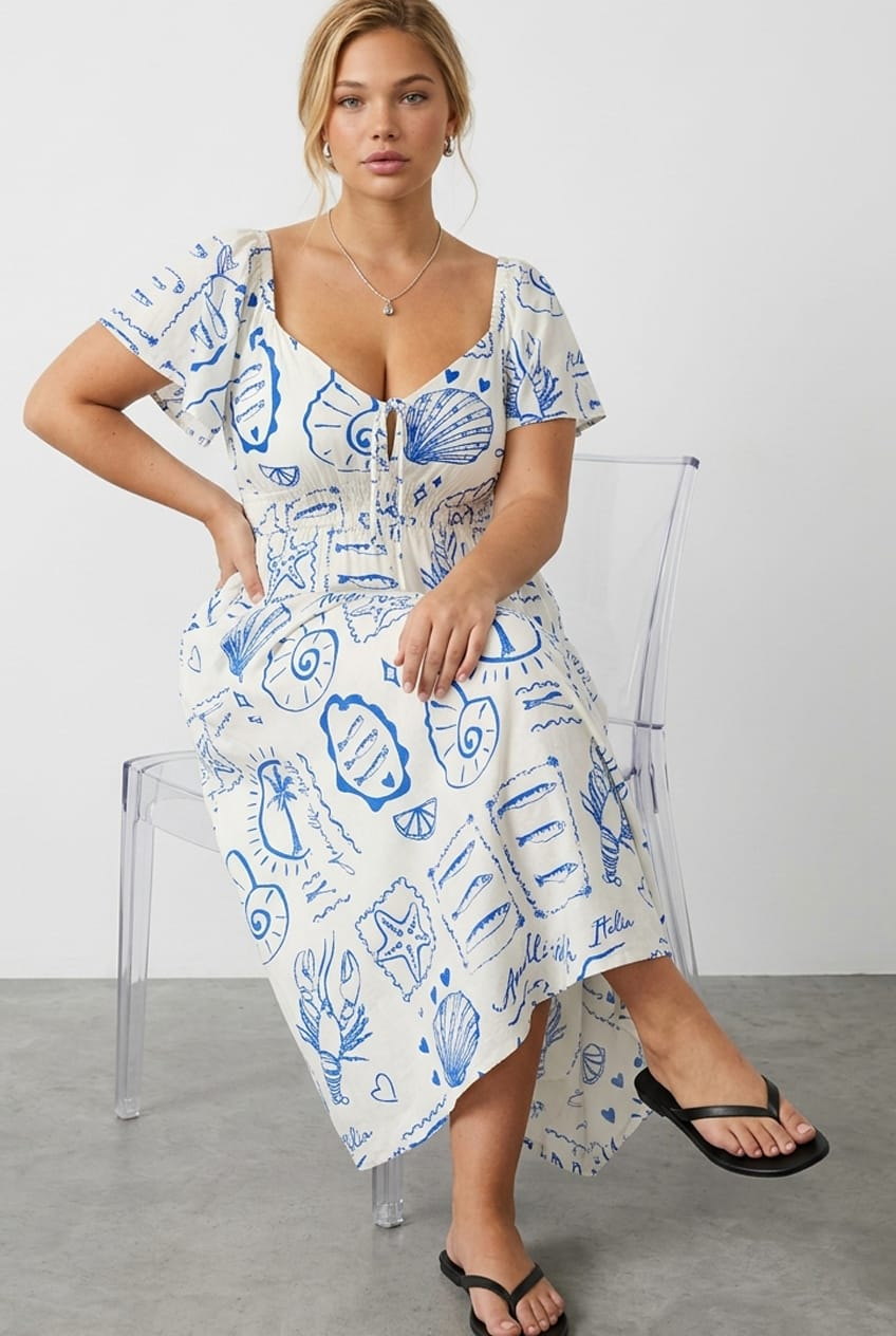 Blue Abstract Maxi Dress Short Sleeve Linen Blend for YouandAll Fashion