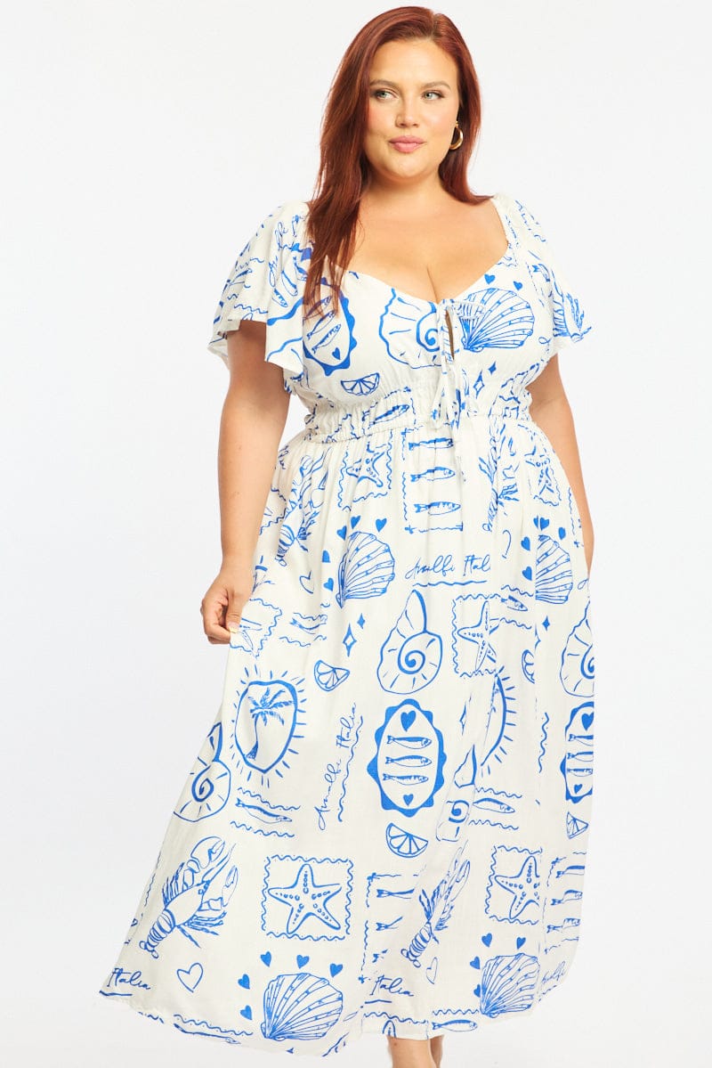 Blue Abstract Maxi Dress Short Sleeve Linen Blend | You & All Blue Abstract Maxi Dress Short Sleeve Linen Blend | You & All