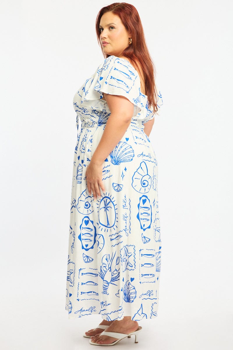 Blue Abstract Maxi Dress Short Sleeve Linen Blend for YouandAll Fashion