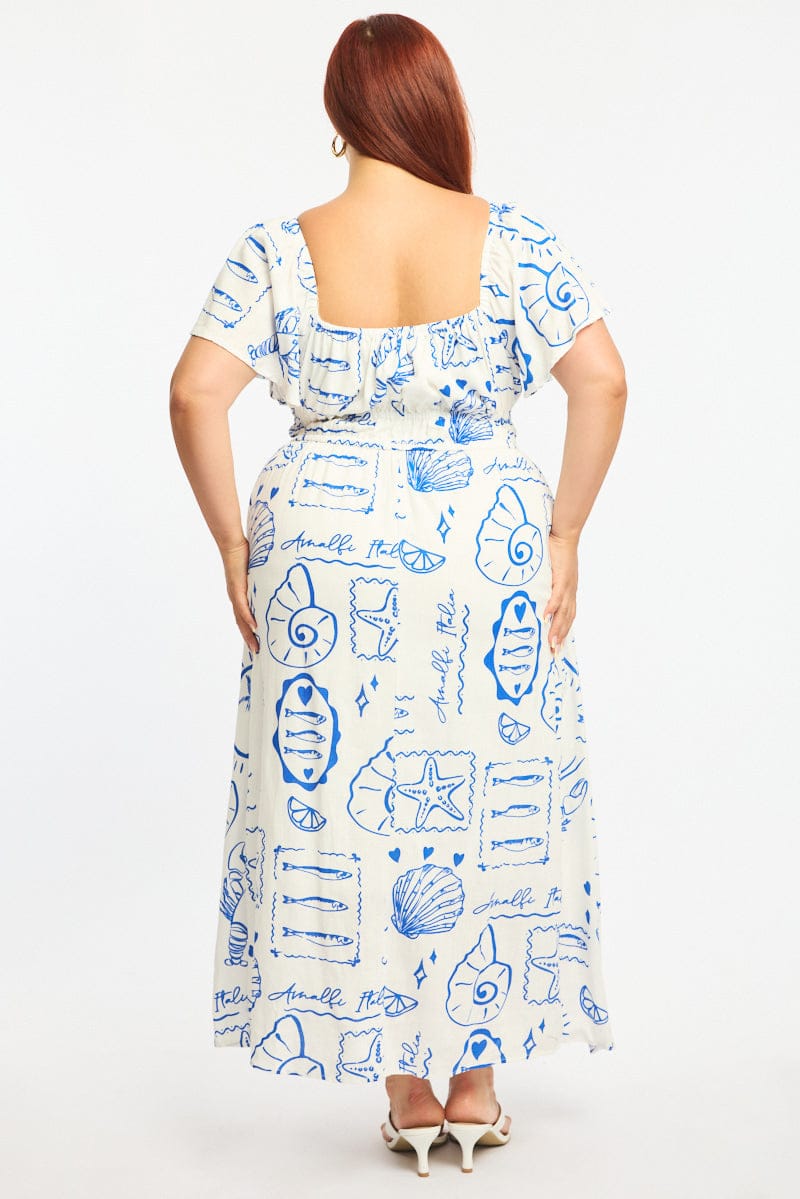 Blue Abstract Maxi Dress Short Sleeve Linen Blend for YouandAll Fashion