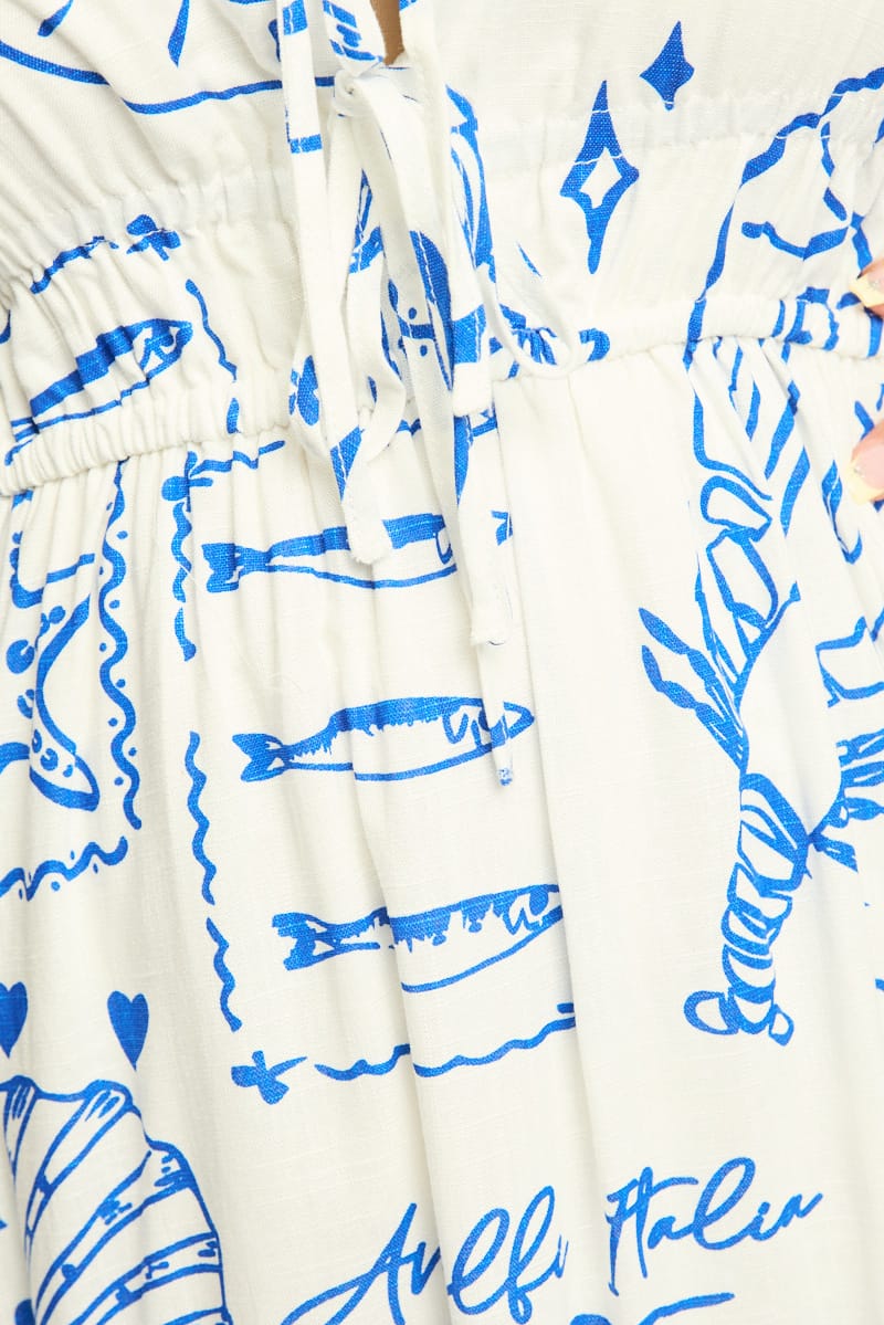 Blue Abstract Maxi Dress Short Sleeve Linen Blend for YouandAll Fashion
