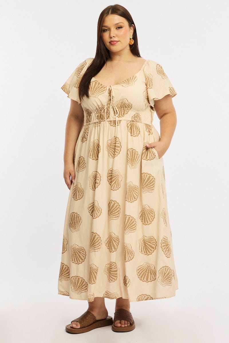 Beige Abstract Maxi Dress Short Sleeve Linen Blend for YouandAll Fashion