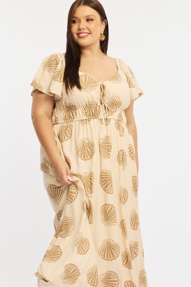 Beige Abstract Maxi Dress Short Sleeve Linen Blend | You & All Beige Abstract Maxi Dress Short Sleeve Linen Blend | You & All