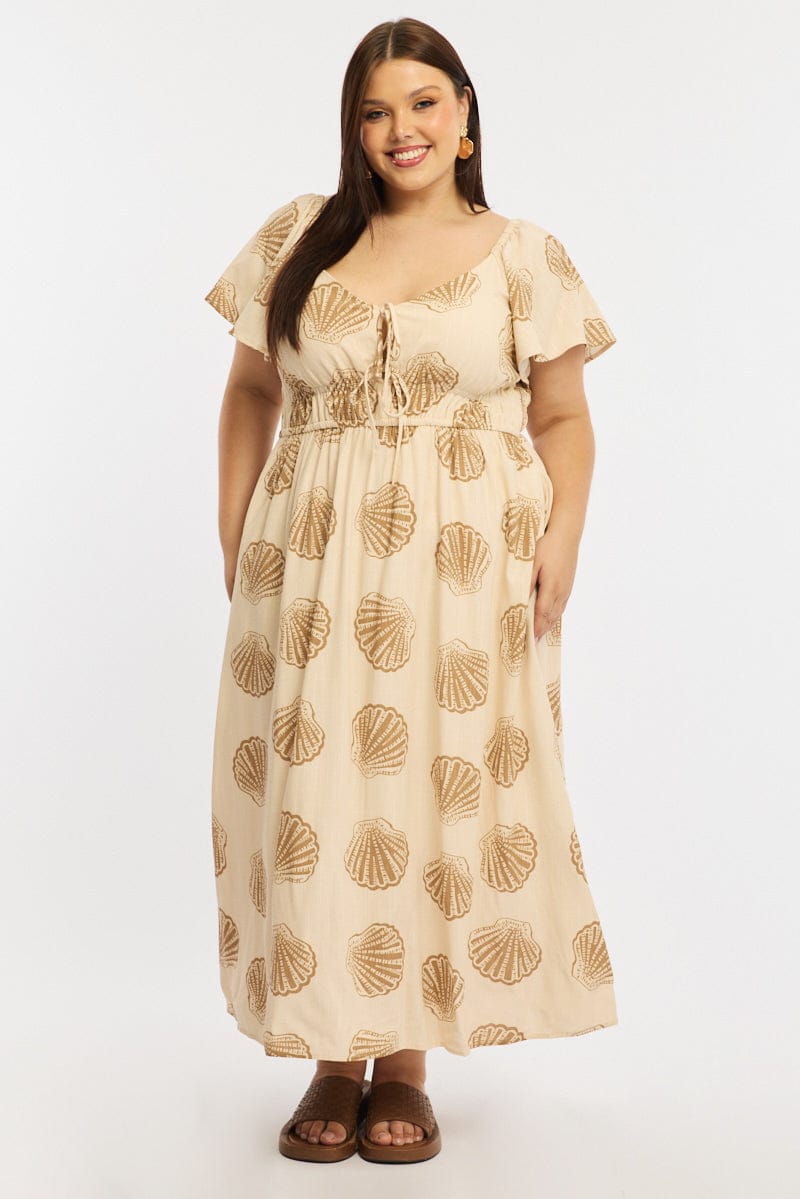 Beige Abstract Maxi Dress Short Sleeve Linen Blend