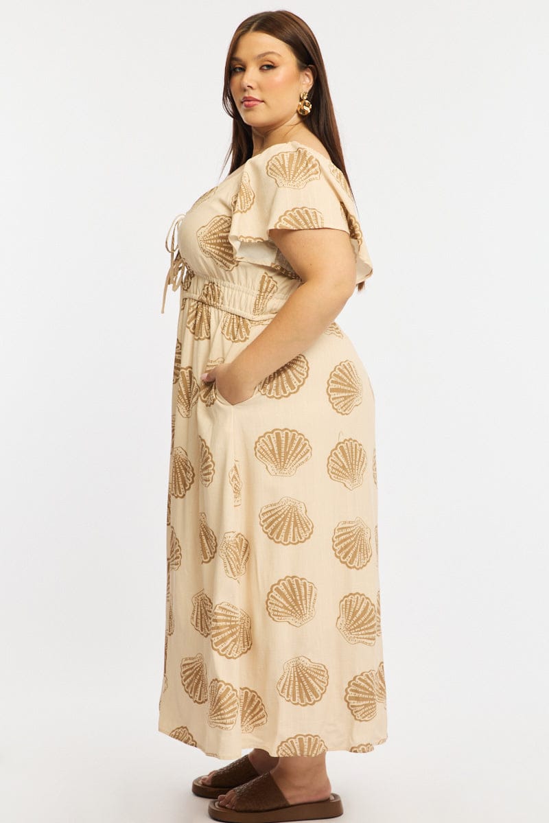 Beige Abstract Maxi Dress Short Sleeve Linen Blend for YouandAll Fashion