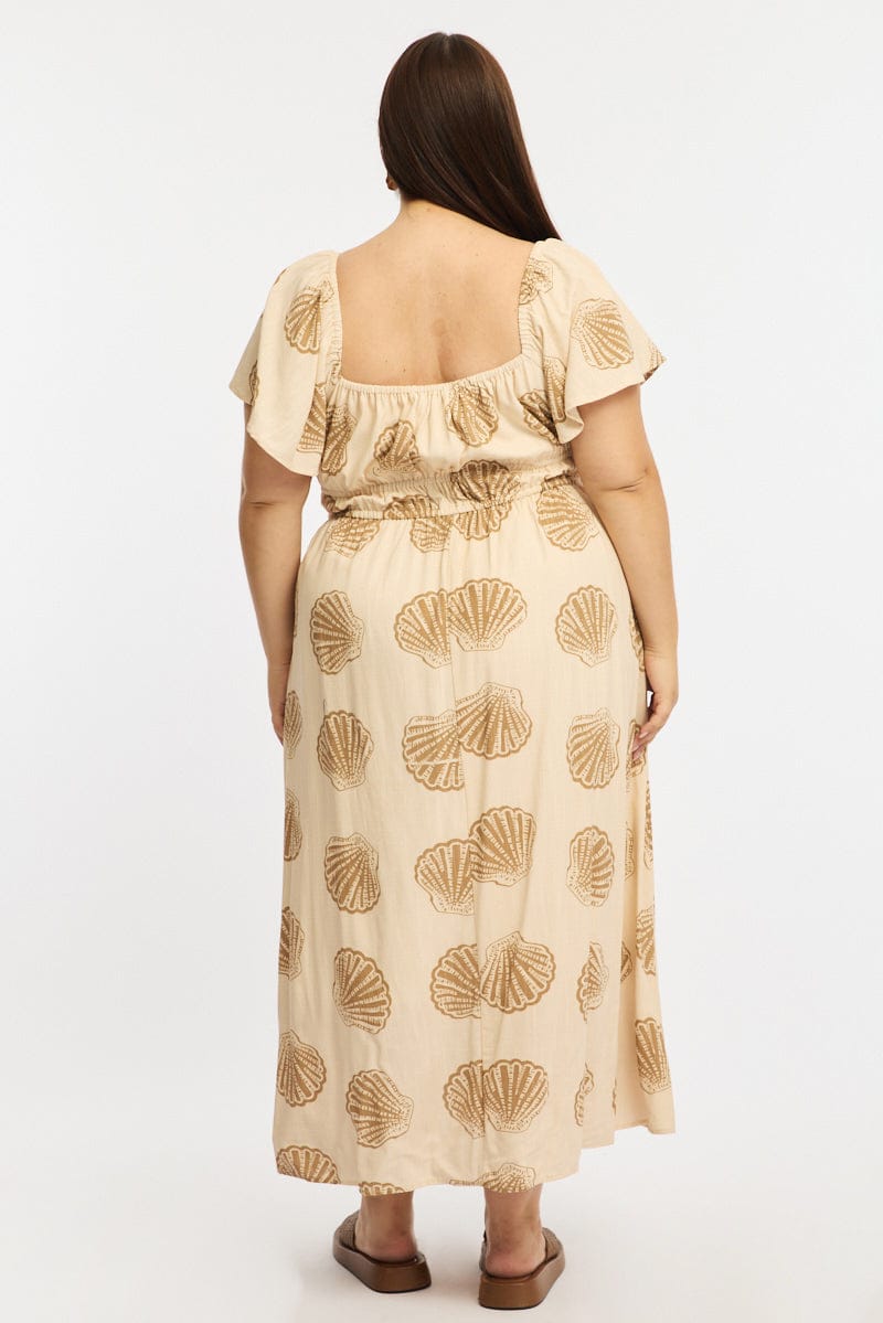 Beige Abstract Maxi Dress Short Sleeve Linen Blend for YouandAll Fashion