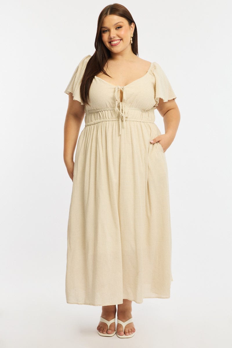 Beige Stripe Maxi Dress Short Sleeve Tie Front for YouandAll Fashion
