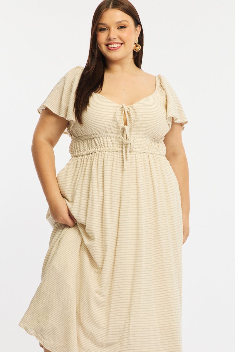 Beige Stripe Maxi Dress Short Sleeve Tie Front for YouandAll Fashion