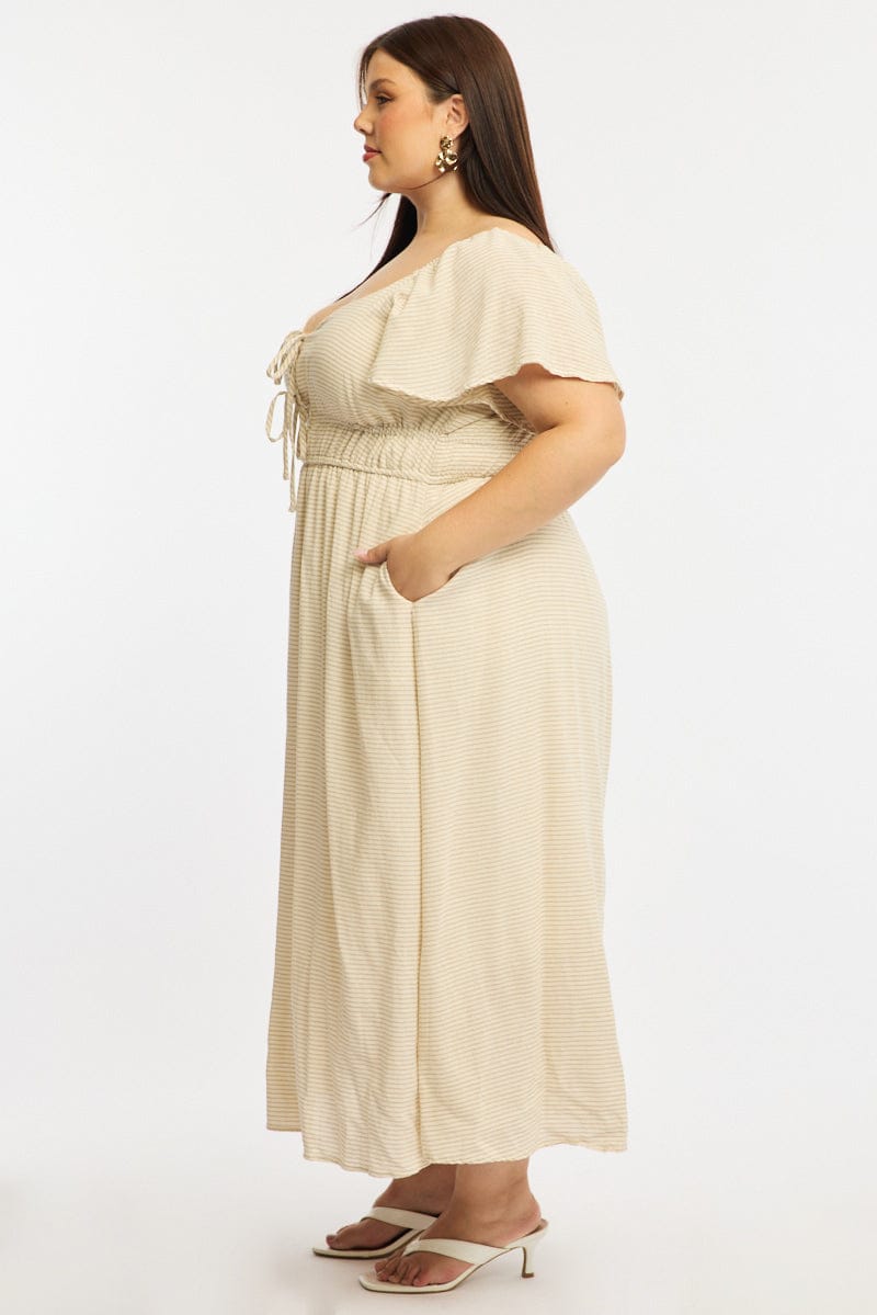 Beige Stripe Maxi Dress Short Sleeve Tie Front for YouandAll Fashion