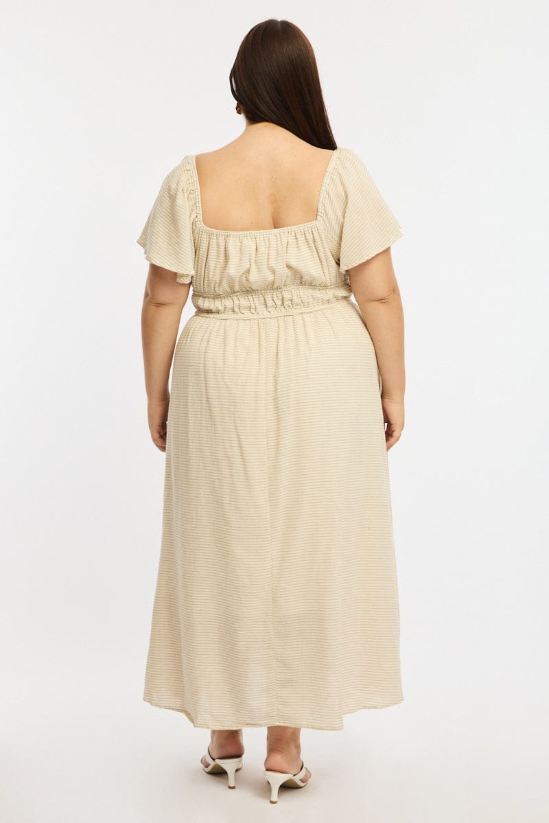 Beige Stripe Maxi Dress Short Sleeve Tie Front for YouandAll Fashion