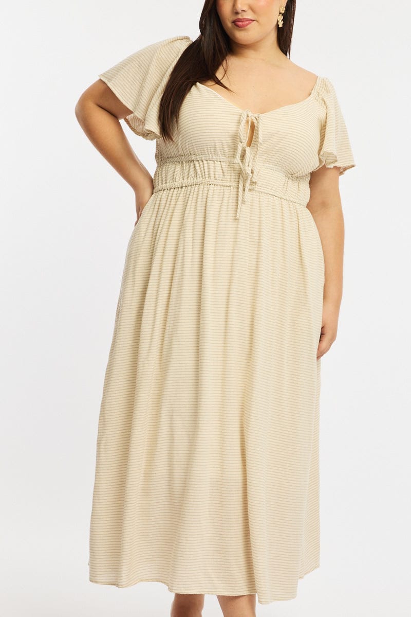 Beige Stripe Maxi Dress Short Sleeve Tie Front for YouandAll Fashion