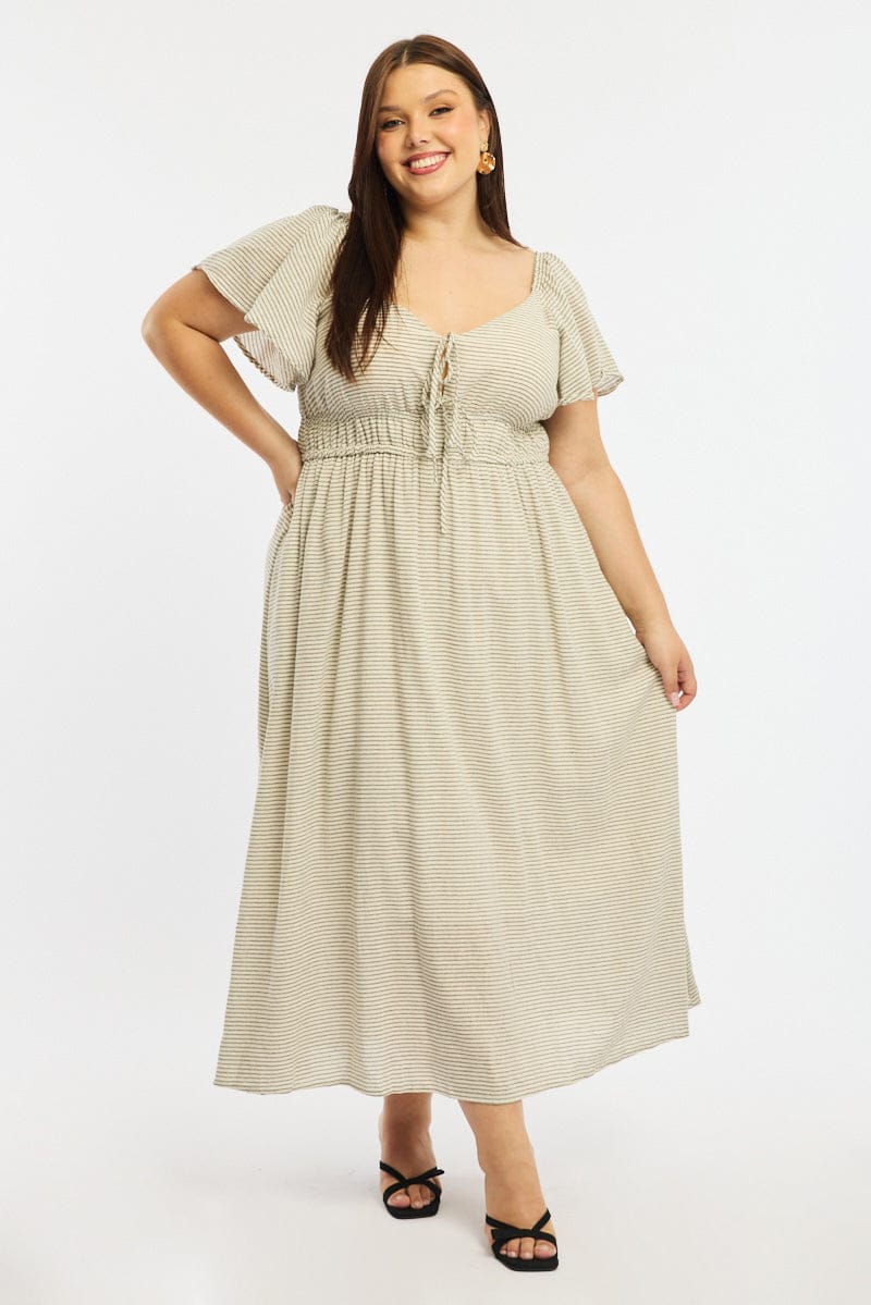 Black Stripe Maxi Dress Short Sleeve Tie Front for YouandAll Fashion