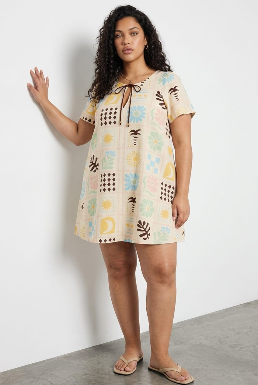 Multi Abstract Smock Dress Short Sleeve Linen Blend for YouandAll Fashion