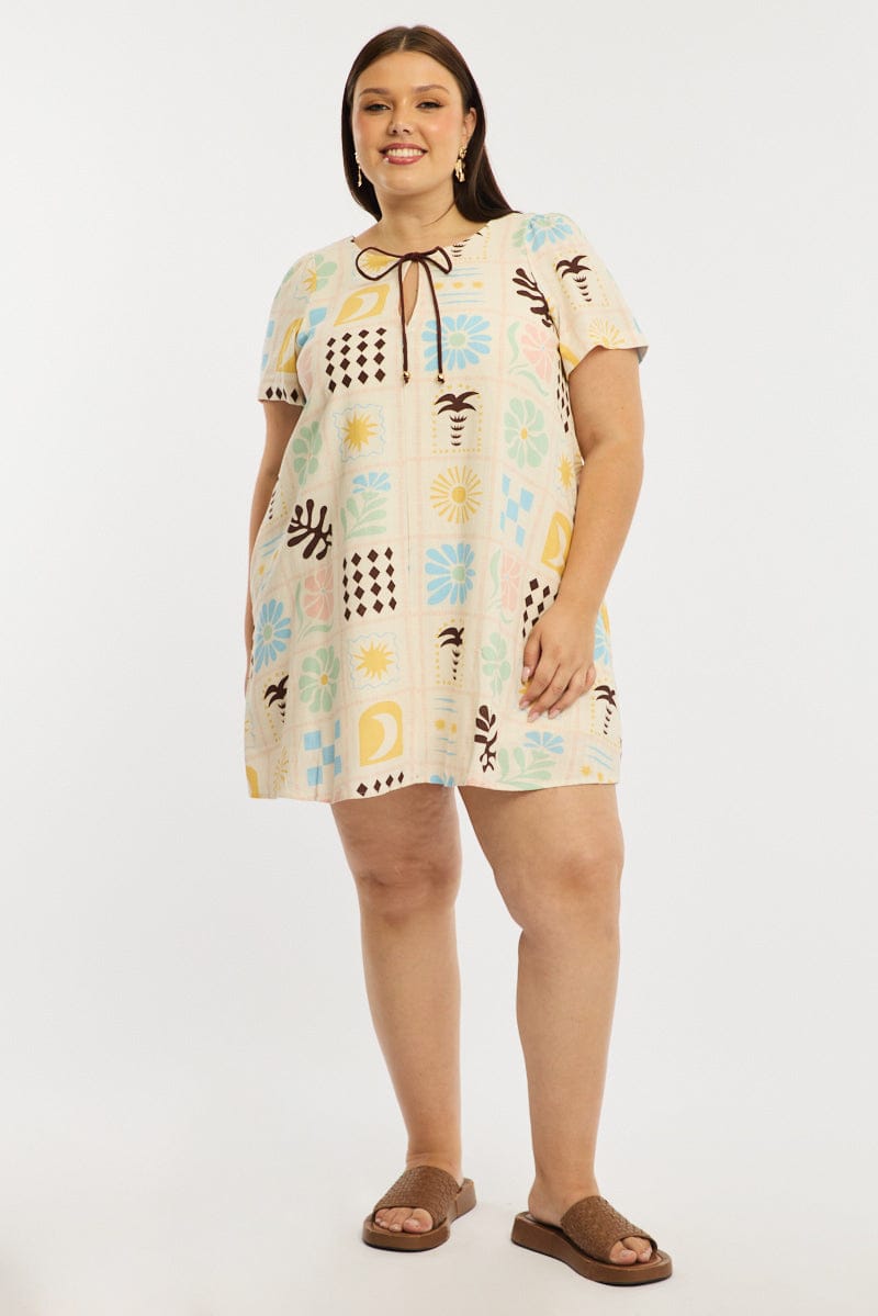 Multi Abstract Smock Dress Short Sleeve Linen Blend for YouandAll Fashion