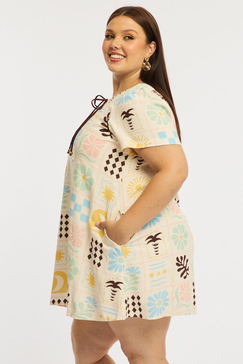 Multi Abstract Smock Dress Short Sleeve Linen Blend for YouandAll Fashion