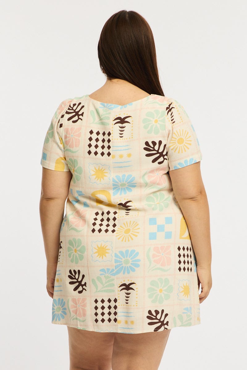 Multi Abstract Smock Dress Short Sleeve Linen Blend for YouandAll Fashion