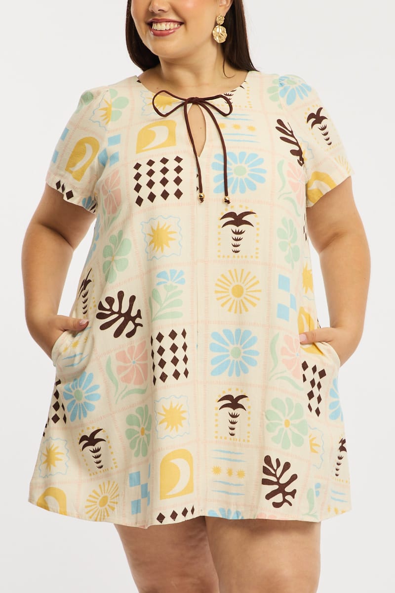 Multi Abstract Smock Dress Short Sleeve Linen Blend for YouandAll Fashion