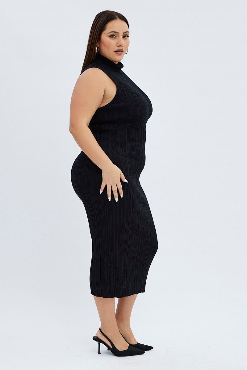 Black Knit Dress Midi Length High Neck Sleeveless for YouandAll Fashion