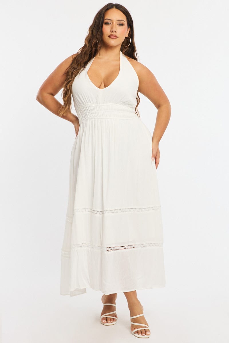 cheap long white flowy dress Uliana White Floral Lace Halterneck Maxi Dress - White