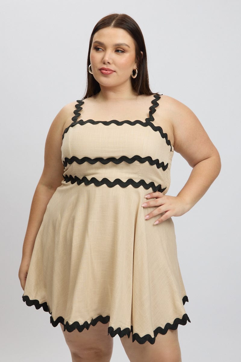 Beige Ric Rac Trim Mini Dress | You & All