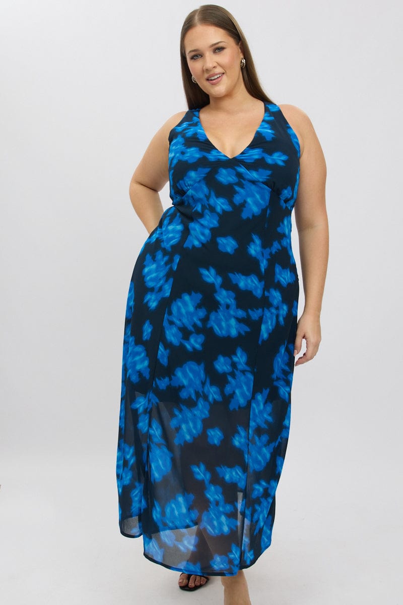 Blue Abstract Maxi Dress Sleeveless for YouandAll Fashion