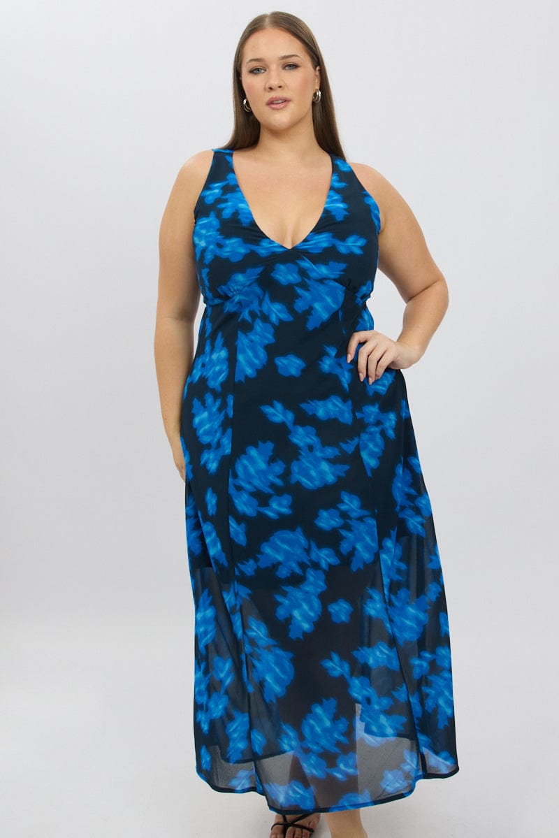 Blue Abstract Maxi Dress Sleeveless for YouandAll Fashion