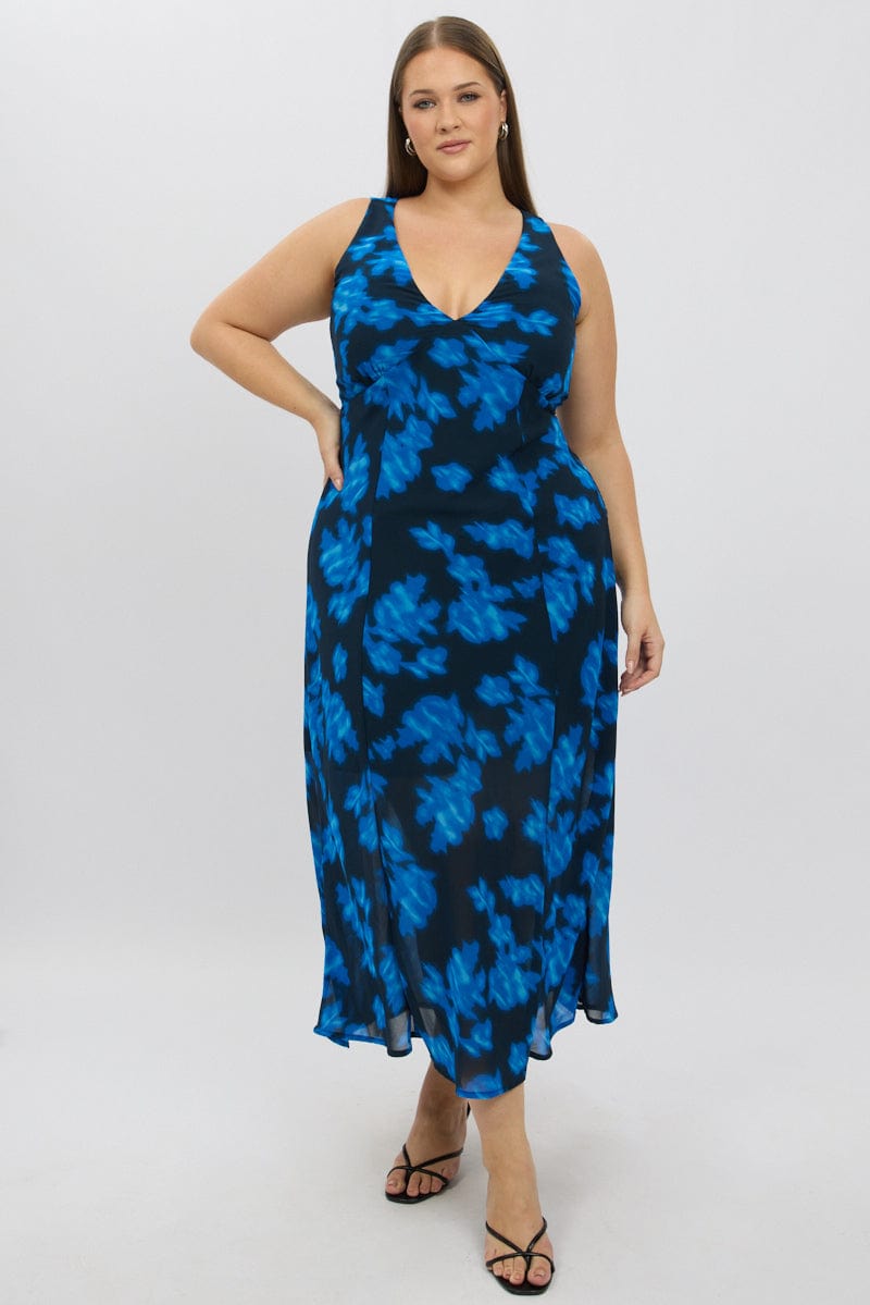 Blue Abstract Maxi Dress Sleeveless for YouandAll Fashion