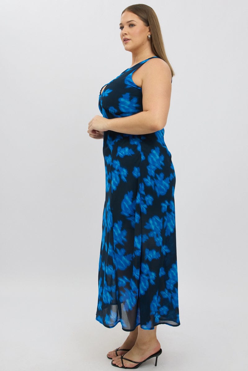 Blue Abstract Maxi Dress Sleeveless for YouandAll Fashion