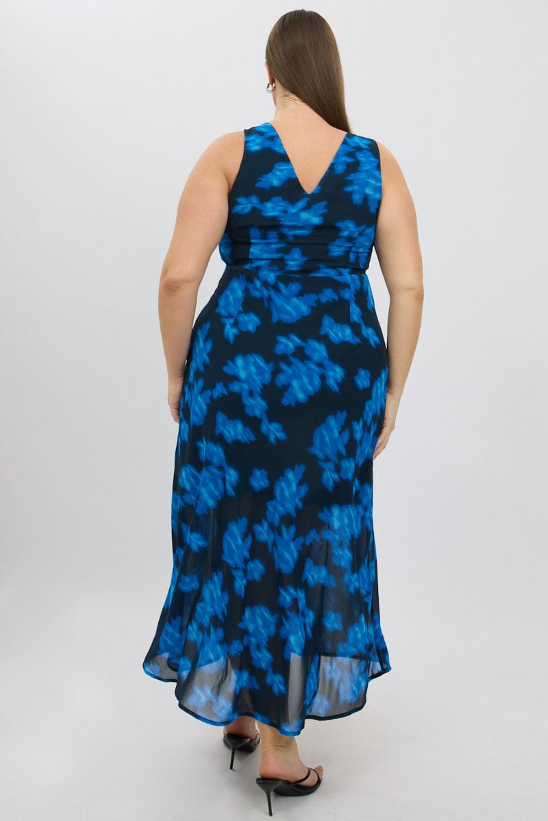 Blue Abstract Maxi Dress Sleeveless for YouandAll Fashion