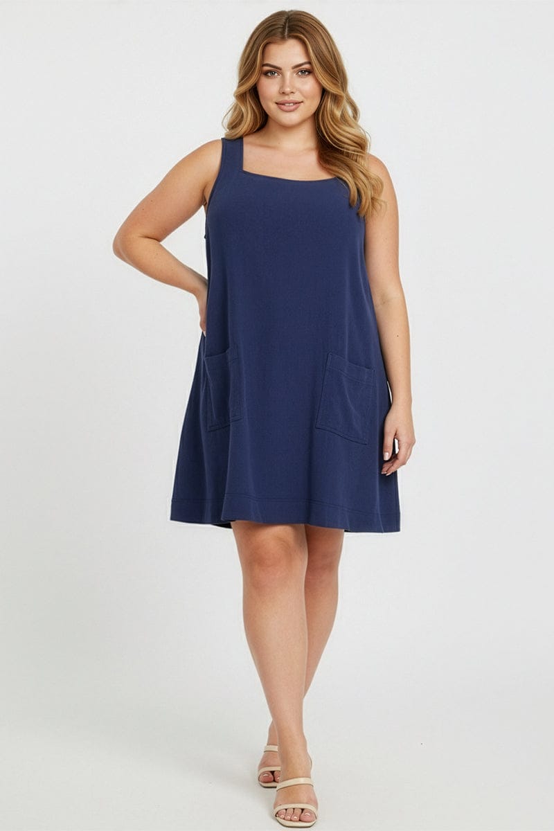 Blue Smock Dress Sleeveless Contrast Stitch for YouandAll Fashion