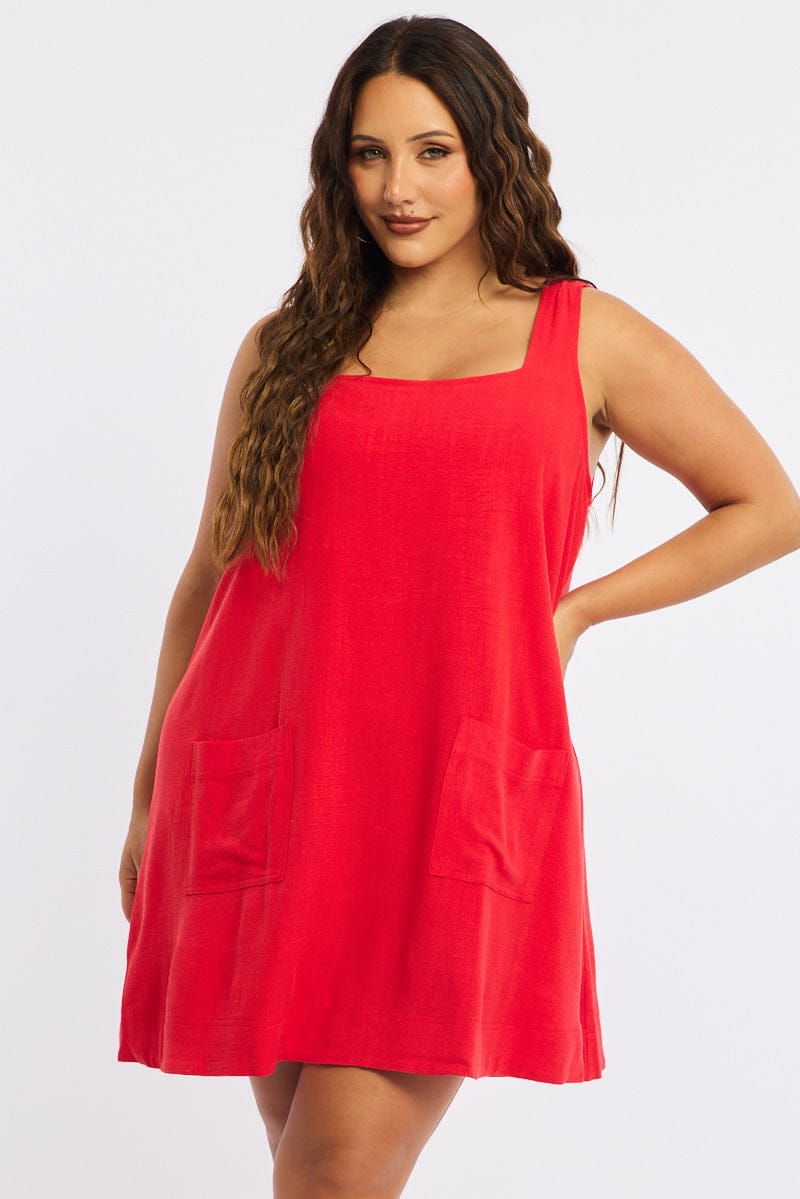 Red Smock Dress Sleeveless Contrast Stitch for YouandAll Fashion