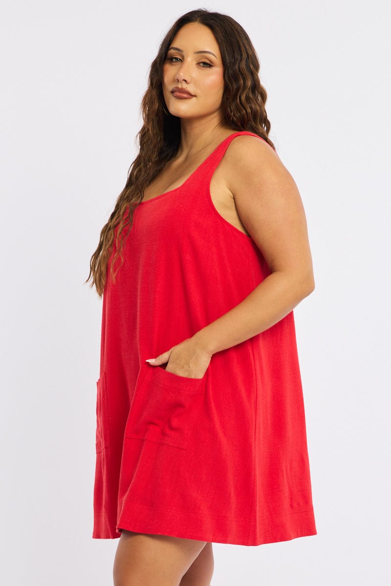 Red Smock Dress Sleeveless Contrast Stitch for YouandAll Fashion