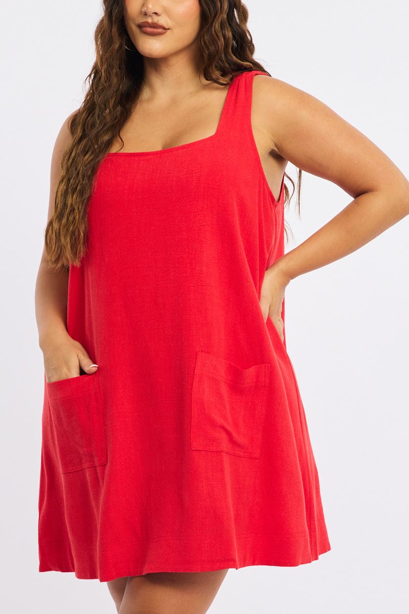 Red Smock Dress Sleeveless Contrast Stitch for YouandAll Fashion