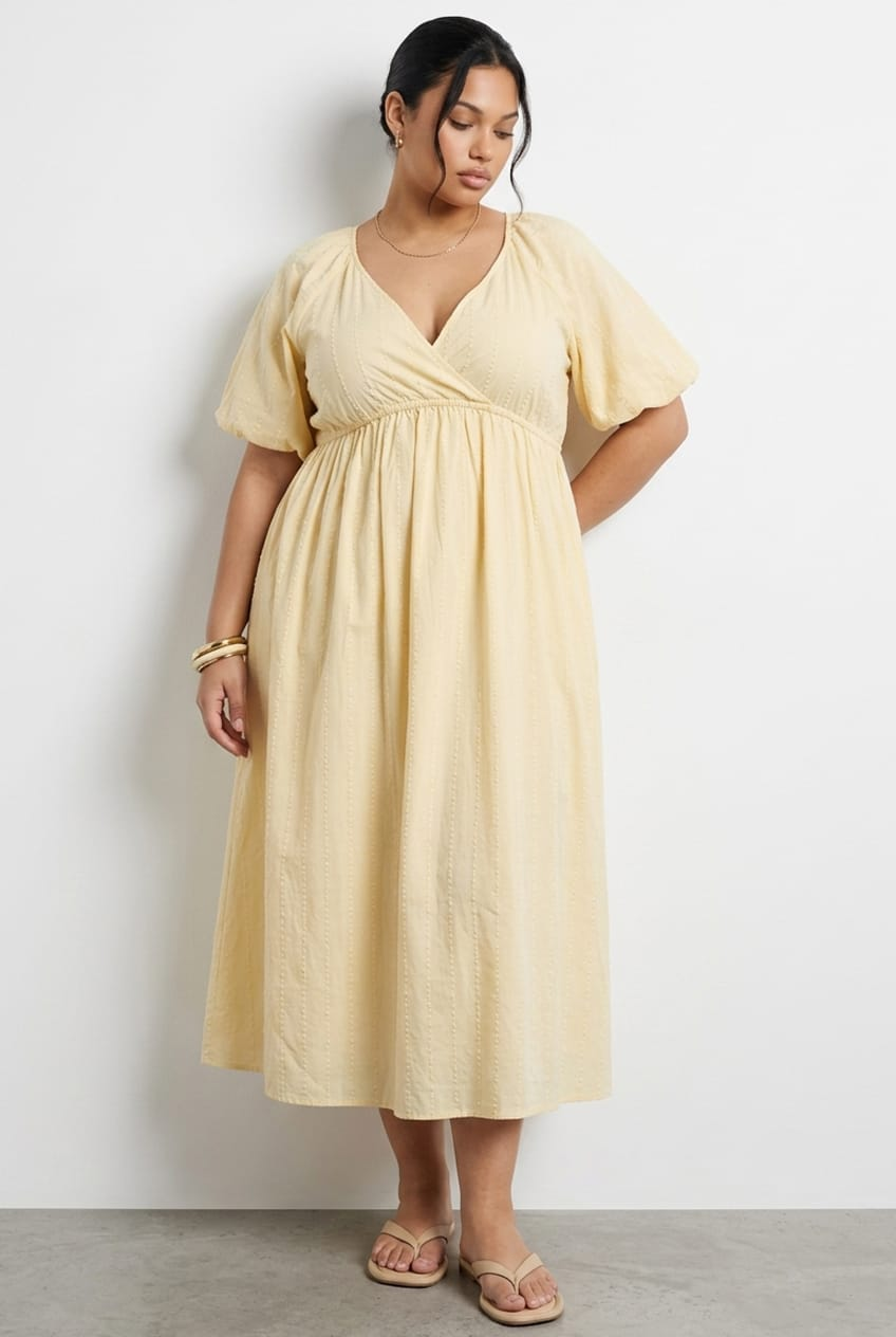 Beige Midi Dress Short Sleeve Textured Cotton for YouandAll Fashion
