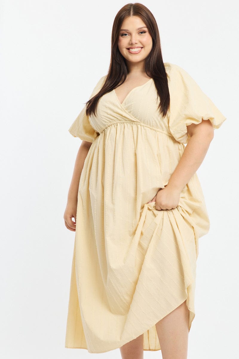 Beige Midi Dress Short Sleeve Textured Cotton for YouandAll Fashion