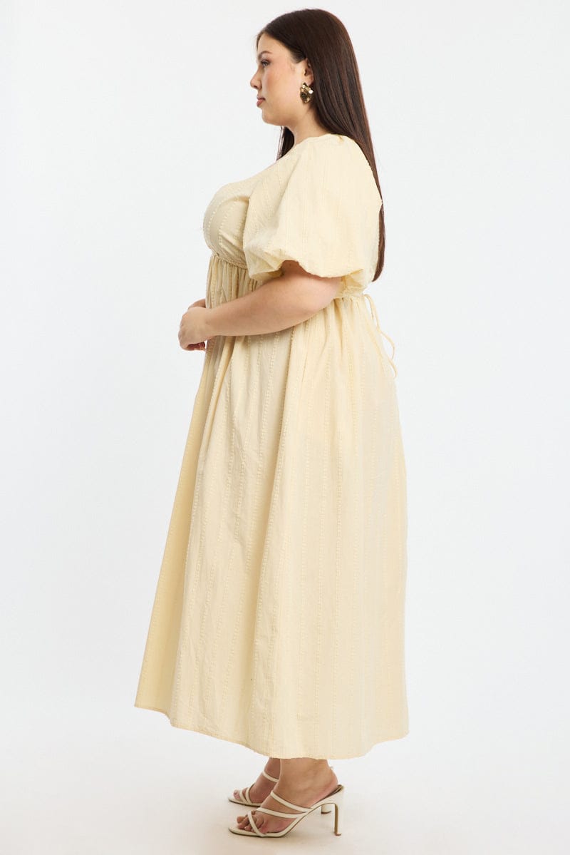 Beige Midi Dress Short Sleeve Textured Cotton for YouandAll Fashion