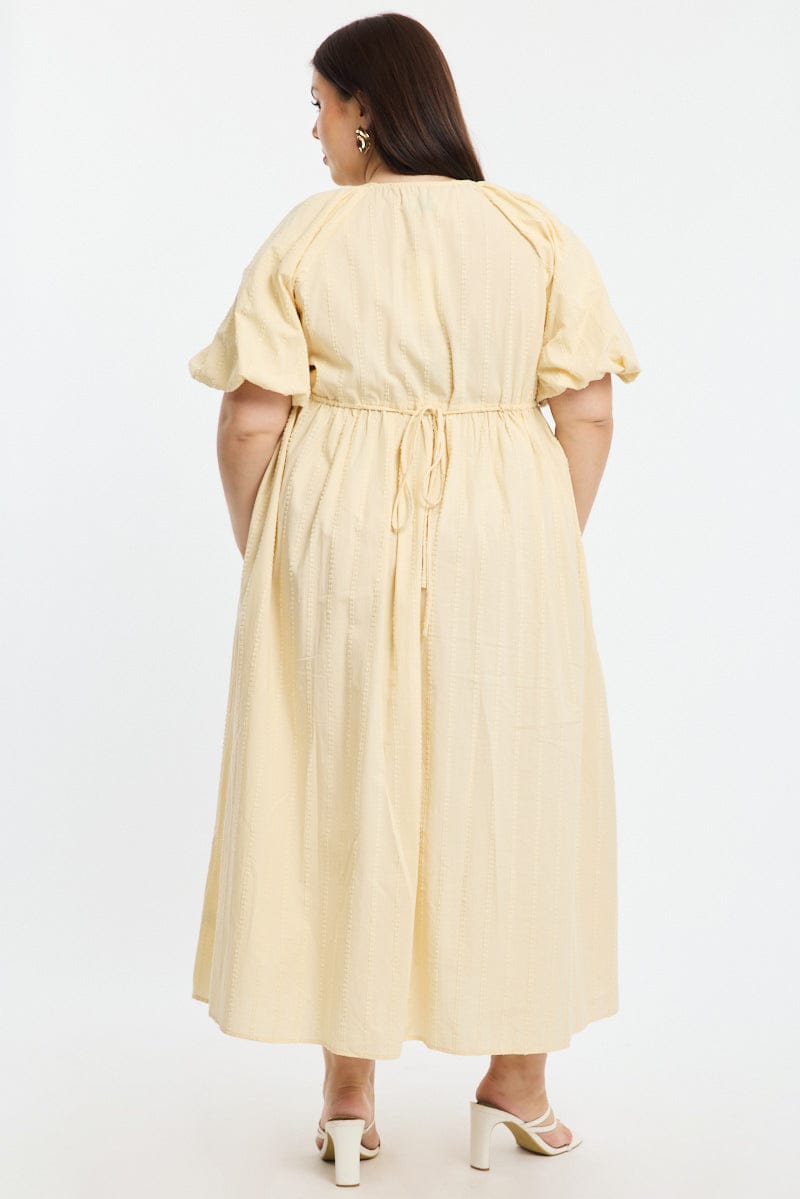 Beige Midi Dress Short Sleeve Textured Cotton for YouandAll Fashion